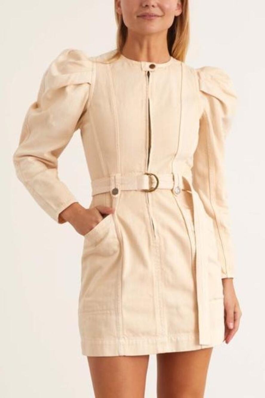 Ulla Johnson Cori Oat Cream Belted Puff Long Sleeve Utility Denim Mini Dress 2